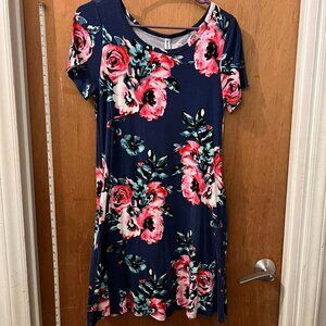 🐻Size M - Korsis - Blue and Pink Floral Short Sleeve Knit Swing Dress